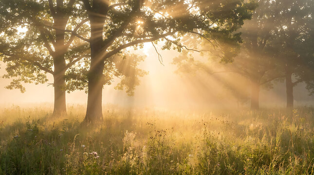 Sunlight rays through trees in a meadow