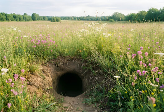 Wildlife habitat and animal burrow in a summer meadow, nature conservation and biodiversity with an underground den in a wild grassy field