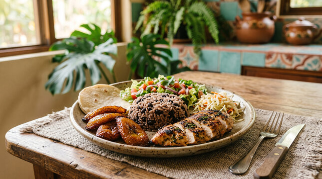 authentic Latin American lunch plate featuring rice and beans, sweet fried plantains, fresh salad, and chicken