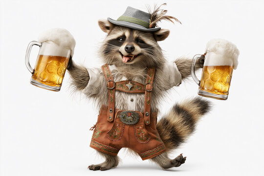 Winking raccoon in feathered hat and lederhosen dancing with two beer mugs, Oktoberfest costume