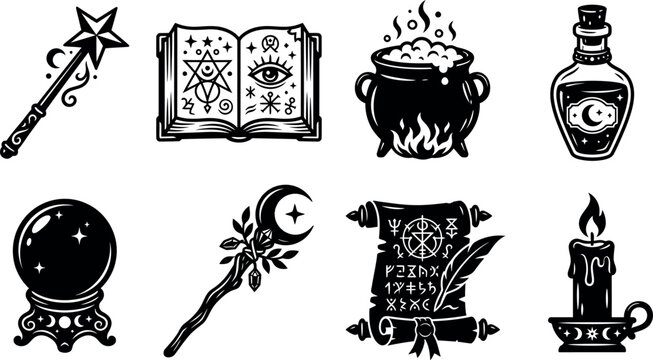 A collection of eight black and white vector illustrations depicting mystical witchcraft items including a magic wand, spellbook, bubbling cauldron, potion bottle, crystal ball, staff.
