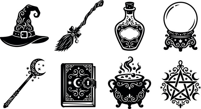 A collection of eight high-contrast black and white vector illustrations featuring iconic witchy items including a hat, broom, potion bottle, crystal ball, wand, and spellbook.