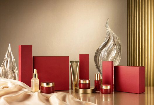 Luxurious Skincare Product Arrangement Featuring Elegant Red And Gold Packaging
