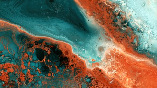 A top view presents a blend of warm rust and cool teal. The fluid combination shows earthy colors mixing in a dynamic abstract style.