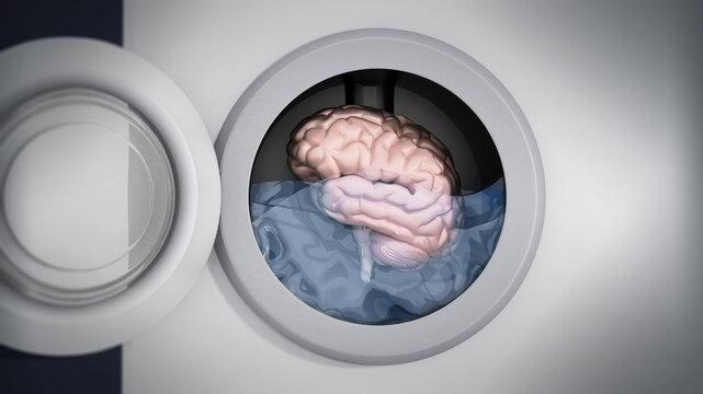 Brain being washed in washing machine. 3D illustration