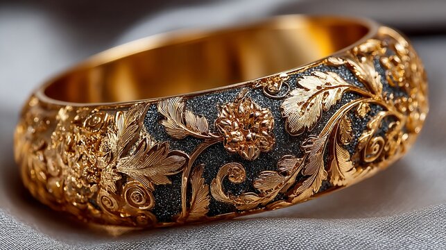 Antique gold ring with intricate filigree design displayed on a neutral fabric background