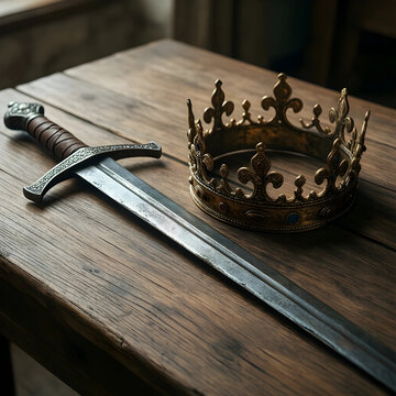 Leadership and power concept medieval sword and golden crown on rustic wooden table royal authority and historical legacy monarchy and governance