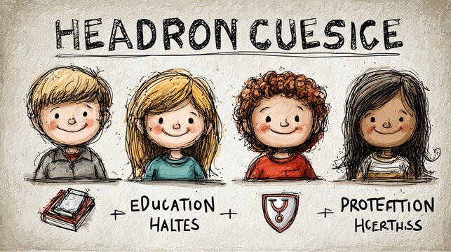 Four diverse children holding educational and safety signs in cartoon illustration style with clean background