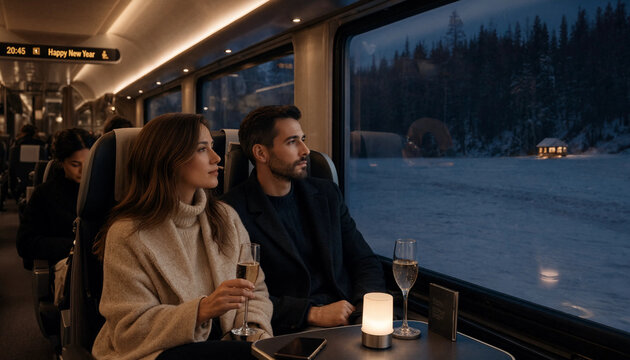 Couple Toasting With Champagne On A Scenic Train Journey Through Winter Wonderland