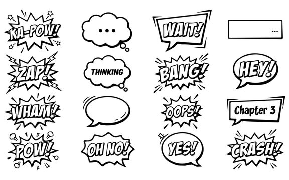 Set of comic book speech bubbles and sound effect explosions