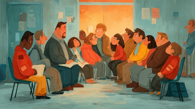 Diverse group of professionals engaged in a focused team meeting around a circular table in a warmly lit office space