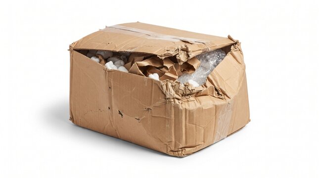 : Damaged Torn and Crushed Cardboard Box with Ripped Open Flaps on White Background