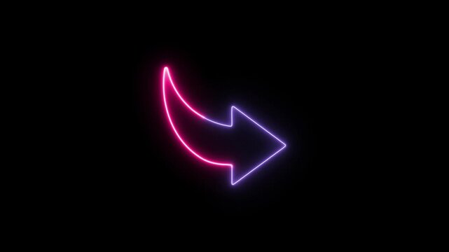 Neon glowing curved arrow animation loop with pink and purple gradient on black background