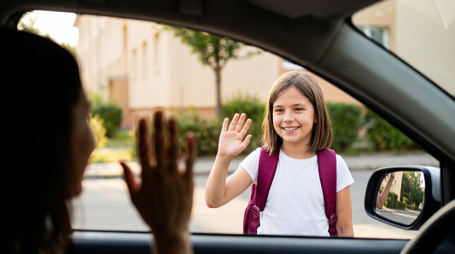 Smiling schoolgirl with backpack waving goodbye to mother inside car before starting school day.