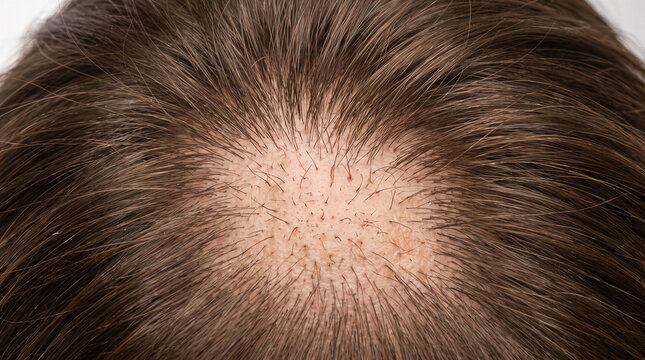 Close up of visible scalp patch with severe localized hair loss and short regrowth hairs.