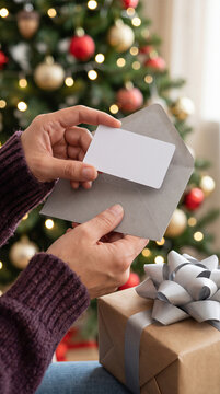 Hands holding blank christmas gift card and envelope beside wrapped present with festive tree lights for mockup design.