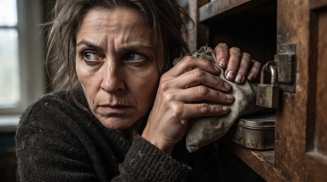 Anxious woman hiding a small cloth pouch inside a rustic wooden cupboard with a padlock