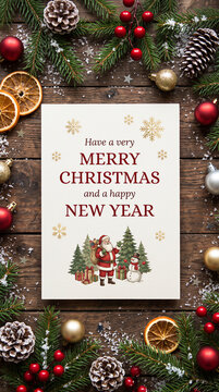 Merry christmas and happy new year greeting card design surrounded by festive evergreen branches and ornaments.