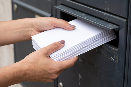 Hands placing stack of blank white envelopes into metal mailbox slot for postal delivery, close up.