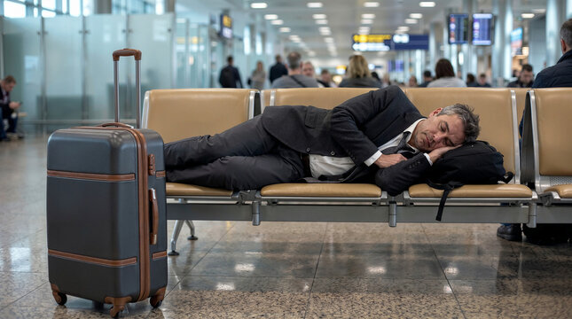 Tired business traveler sleeping across airport terminal seats beside suitcase, showing travel delay, exhaustion and waiting time.