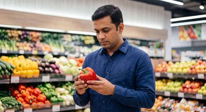 Focused Indian quality control manager inspecting fresh organic produce in a premium modern supermarket