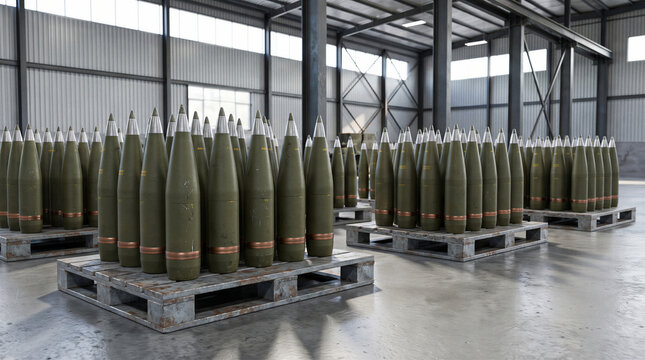 Large stockpile of artillery ammunition arranged on pallets inside military storage warehouse.
