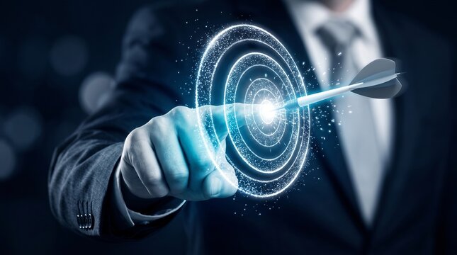 Business executive pointing at a digital target board glowing icon representing success and strategic goals with business strategy technology marketing achievement performance corporate