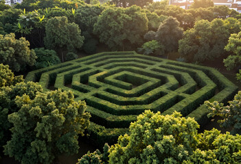 Obraz premium Problem solving and strategy, green hedge maze in a park with complex path and challenge for business decision making and personal growth journey