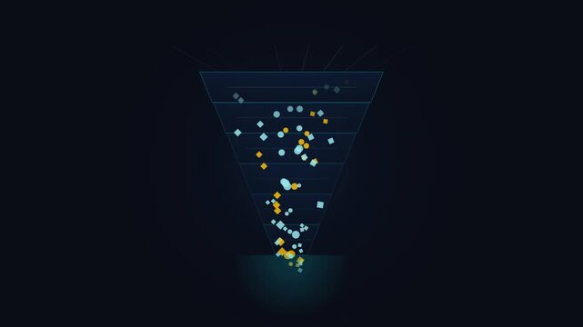 Digital funnel with glowing data particles filtering into base