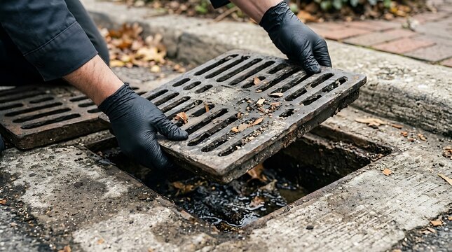 Hands in black gloves lifting a dirty storm drain cover on a street during daytime