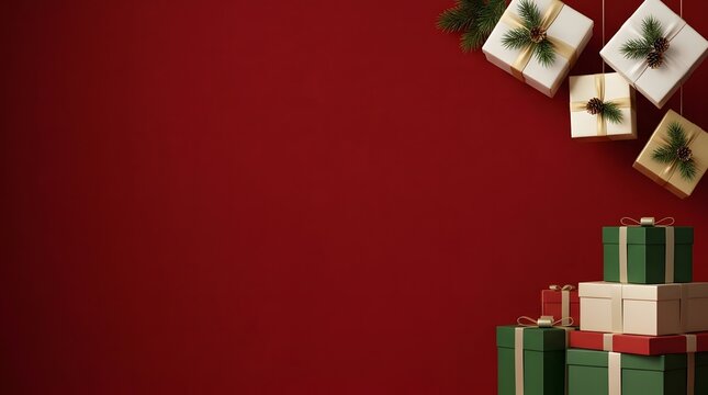 Festive christmas scene presents cards and a rich red background for holiday cheer
