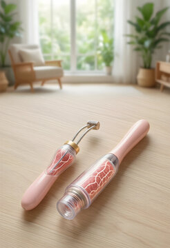 Skincare innovation and beauty technology, modern facial massage tools with meat texture design for anti aging and collagen stimulation in home interior