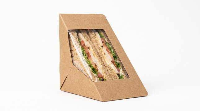 Fresh turkey cheese sandwich packaged inside eco friendly brown kraft cardboard box isolated on clean white background.