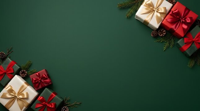 Festive christmas scene with beautifully wrapped gifts and elegant holiday decorations on a dark green background