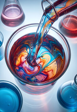 Scientific innovation and chemical research, colorful liquid pouring into a glass beaker for laboratory experiment and pharmaceutical development process