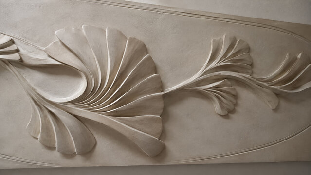 Elegant bas relief plaster wall art with floral ginkgo leaf sculpture and modern textured interior design. Concept of dimensional, abstract, floral carving, wall decor, 3d relief. Copy space.
