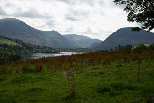 A scenic view of a lake surrounded by rolling hills and mountains under a cloudy sky.