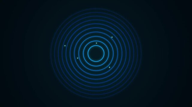 Abstract digital radar interface with pulsing neon blue concentric circles and data points sonar