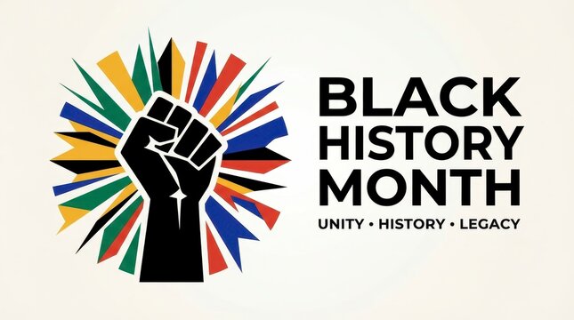 Black History Month fist symbol with colorful rays and text