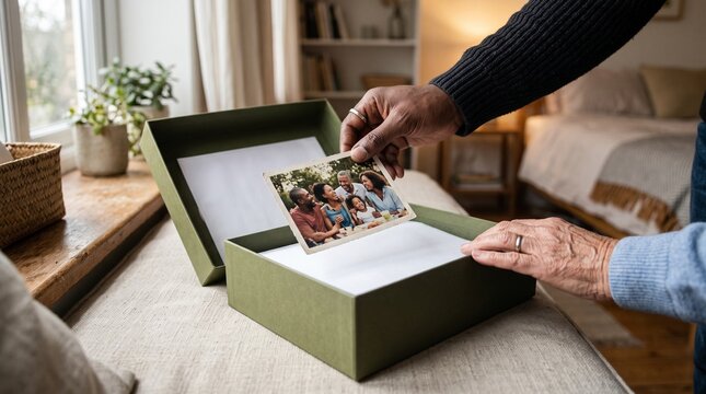 Adult hands preserve photographs in a family archive