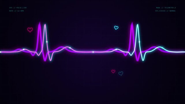 Neon heartbeat ekg monitor animation: digital pulse waveform with floating hearts for medical and romantic concepts