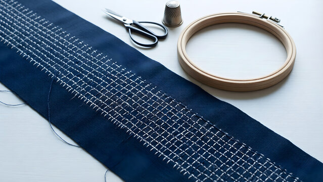 Indigo sashiko sampler with precise white stitching