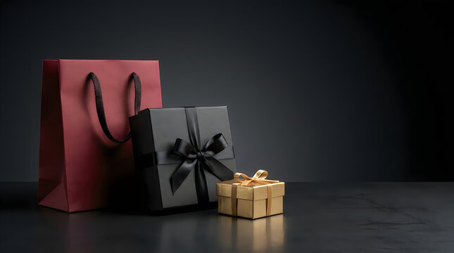 Black Friday Luxury gift boxes and paper shopping bag on dark background, elegant black and gold presents for holiday shopping, premium retail packaging concept Black Friday