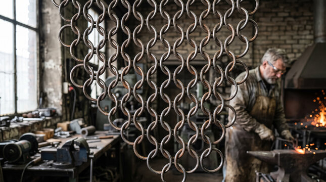Metal chainmail pattern closeup with blacksmith working in background forge workshop. Concept of overlapping rings, metal rings, metalworking, iron, armor, links, craftsman.