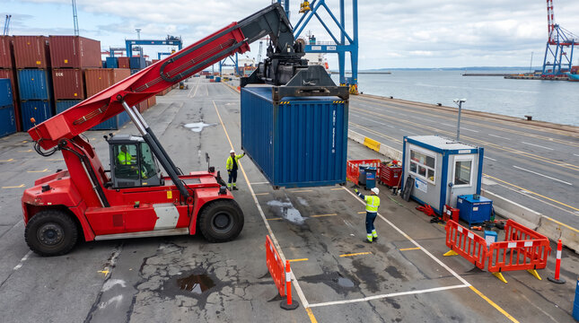 Reach stacker lifting blue shipping container in commercial harbor logistics terminal. Concept of cargo handling, freight, port, stevedore.
