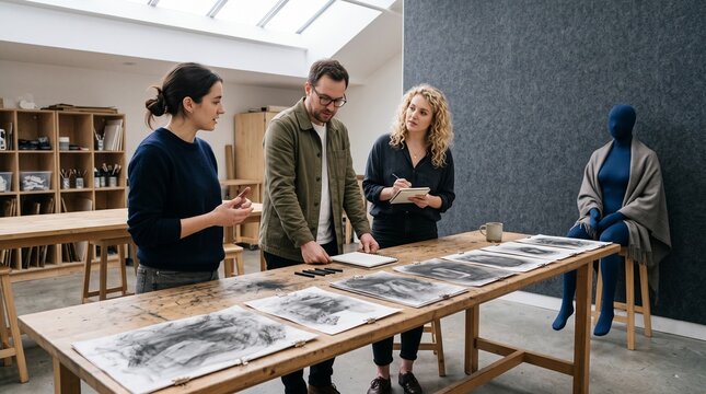 Peers review mannequin sketches in a quiet critique bay