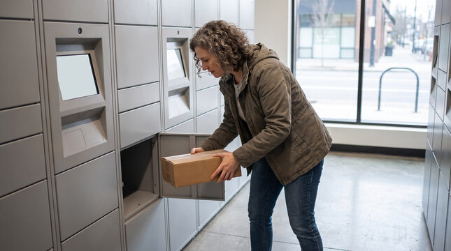 Woman retrieving cardboard parcel from automated parcel locker compartment in modern self-service delivery station. Concept of package pickup, delivery box.
