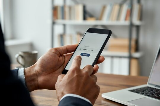 Businessman holding smartphone and typing login credentials on a mobile app interface