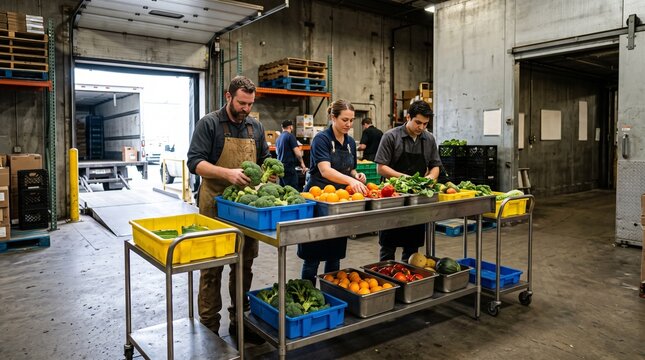 Grocery staff stage seasonal produce at receiving dock