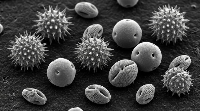 Scanning Electron Microscopy SEM View of Various Pollen Grains Showing Spines and Surface Pores. Concept of scanning electron microscope, allergen, allergy, biology, botany, microscopic.